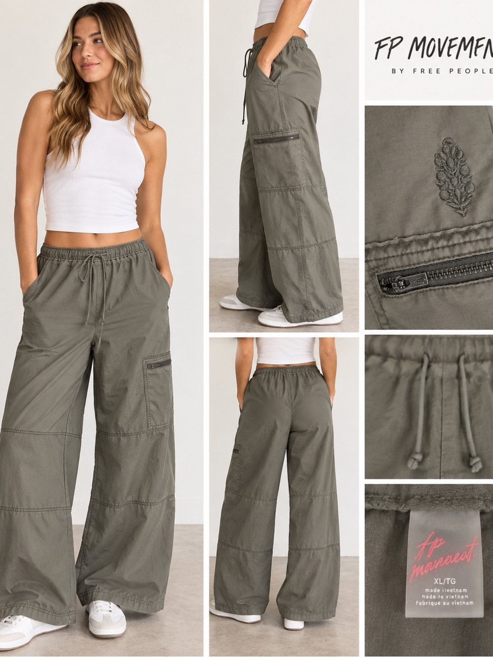 FP Movement Free People Wide Leg Cargo Pants Gray Olive Drawstring XL